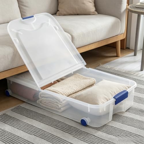 66 Quart Underbed Storage with Wheels, Plastic Under Bed Storage Bin with Latching Lid, Low Profile Rolling Organizer for Clothes, Shoes and Blankets, Clear, 1-Pack
