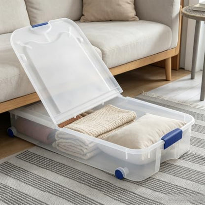 66 Quart Underbed Storage with Wheels, Plastic Under Bed Storage Bin with Latching Lid, Low Profile Rolling Organizer for Clothes, Shoes and Blankets, Clear, 1-Pack
