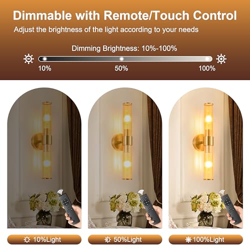 Morauroral Gold Battery Operated Wall Sconces Set of 2, Rechargeable Wall Lights with Remote Control, 20 Inch Modern Wireless Wall Lamp for Bedroom, Living Room with Amber Shade (Bulbs Included) - color: Gold（Amber Glass）