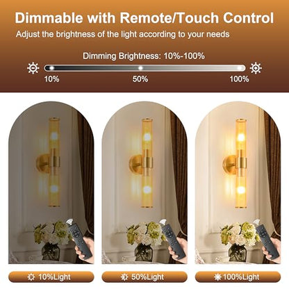 Morauroral Gold Battery Operated Wall Sconces Set of 2, Rechargeable Wall Lights with Remote Control, 20 Inch Modern Wireless Wall Lamp for Bedroom, Living Room with Amber Shade (Bulbs Included) - color: Gold（Amber Glass）