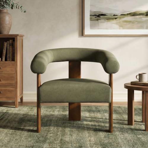 VKNOW Barrel Accent Chair, Vanity Chair with Armrests and Walnut Wood Legs | Mid Century Modern Upholstered Living Room Chairs with Open Back, Faux Mohair Fabric, for Living Room, Bedroom, Green - color: Green(walnut Legs), size: Set of 1