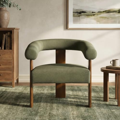 VKNOW Barrel Accent Chair, Vanity Chair with Armrests and Walnut Wood Legs | Mid Century Modern Upholstered Living Room Chairs with Open Back, Faux Mohair Fabric, for Living Room, Bedroom, Green - color: Green(walnut Legs), size: Set of 1