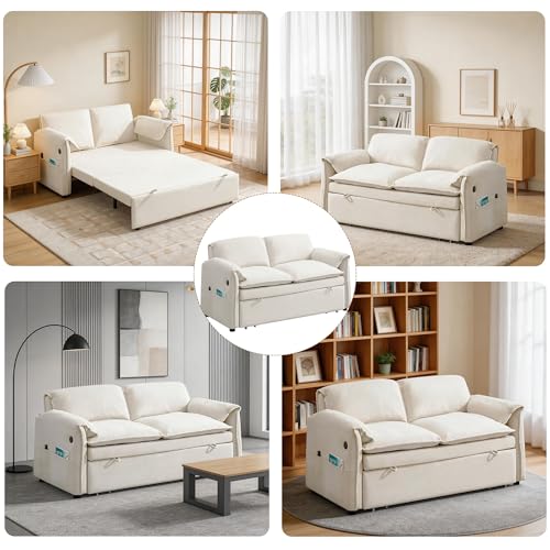 63" 3-in-1 Velvet Convertible Sleeper Sofa Bed, Modern Adjustable Backrest Loveseat Pull Out Couch with USB & Side Pocket, Small Space Love Seat Sofa Bed for Living Room, Bedroom, Beige Velvet - color: Beige