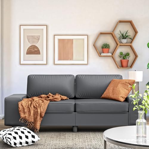 84" Leathaire Loveseat Couch, 3 Seater Retro Sofa with 4 Side Pockets, Removable and Washable Cushions, Living Room，Apartment, Office (Dark Grey) - color: Dark Grey Leathaire, size: 84 "
