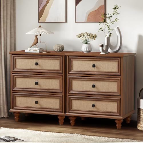 3 Drawer Dresser, Mid Century Modern Wide Wood Vintage Chest of Drawers Wooden Storage Organizer Dressers with Burlap Rattan Drawers for Living Room, Hallway Closet, 2 Sets Walnut - color: Burlap 3 Drawer Walnut 2 Set