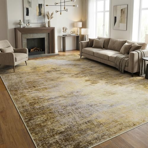 4x6 Vintage Distressed Abstract Area Rug: Machine Washable, Non-Slip | Stain Resistant Low-Pile Carpet, Pet and Kid Friendly TPR Back Rugs for Living Room Bedroom Indoor Home Decor, Golden Fall - color: ‌golden Fall, size: 4' x 6' (Rectangular)
