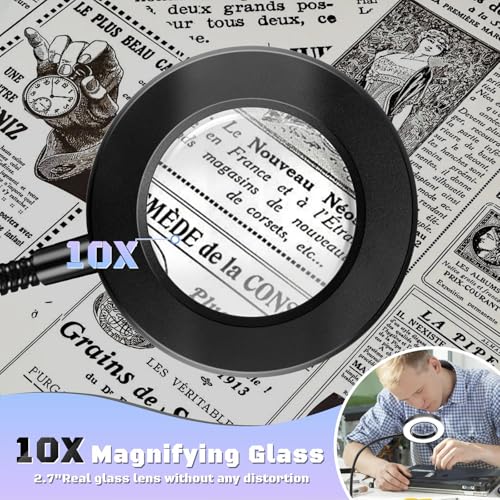 10X Magnifying Glass with Light Clip on Mganifier with 48 LED Lights | Desk Magnifying Glass wtih Clamp, 3 Modes Dimmable Magnifying LED Lamps for Bed Work Crafts DIY