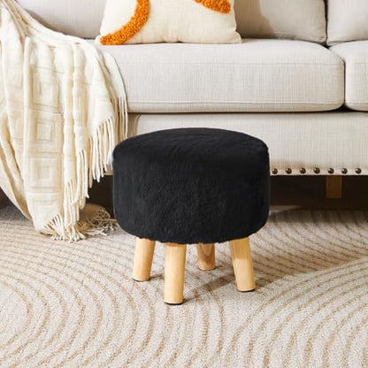 YMYNY Round Pouf Ottoman, 12.6" Small Foot Stool, Black HBD035B | Faux Fur, Wood Legs, Foot Rest for Couch, Modern Boho for Living Room Bedroom Office - color: Black