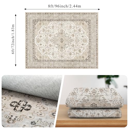 6x8 Area Rug Living Room: Washable Non Slip Oriental Soft Rugs for Bedroom | Ultra Thin Low Pile Stain Resistant Indoor Farmohouse Carpet - Home Decor for Vintage Medallion Style Lover - 6x8 Ivory - color: Ivory, size: 6' x 8' (Rectangular)