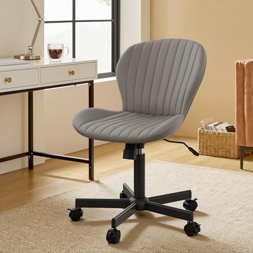 Armless Office Chair, PU Leather Office Chair with Wheels & Adjustable Height, Swivel Rocking Computer Chair, Ergonomic Soft Padded Office Chairs for Small Space, Study and Vanity, Grey - color: Grey