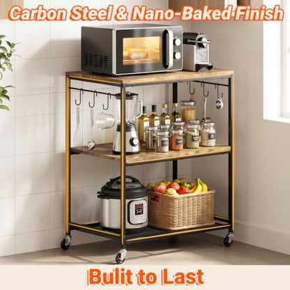Microwave Stand with Storage, Rolling Bakers Rack, Kitchen Island Cart | 3 Tier, Lockable Wheels, 6 Hooks, 240LBS Load, Waterproof Wooden Board, Metal Frame, for Toaster, Coffee Makers, Ovens