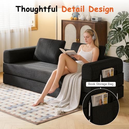 78" Convertible Sofa Bed, Corduroy Pull Out Couch with Fixed Frame & Pocket | 5-in-1 Boneless Sleeper Sofa, Couch Bed with 2 Pillows, Living Room, Small Spaces, Bedroom, No Assembly - color: 78''black