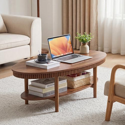 Janmer Home Oval Coffee Table with 2-Tier Storage Shelf, 40" Modern Coffee Tables, Wood Small Center Table, Fluted Accent Tea Table for Small Space Living Room Apartment,Easy Assembly (Walnut) - color: Walnut-40inch Oval, style: 40inch