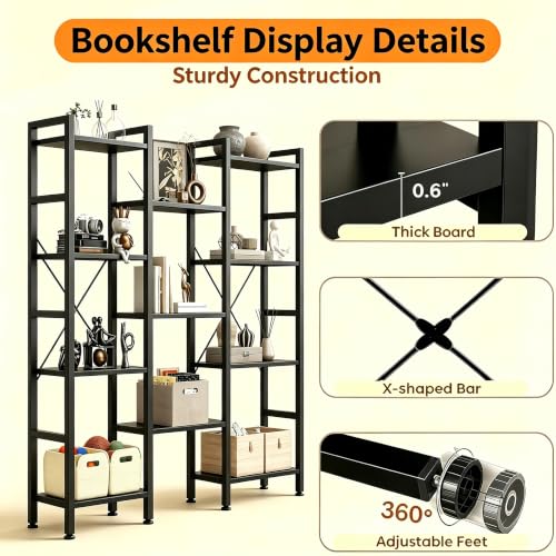 HealSmart Triple Column 4 Tier Bookshelf, Industrial Bookcase with 11 Open Display Adjustable Shelves, Wide Convertible Display Modern Bookshelf for Living Room & Home Office, Black - color: Black, size: 4-Tier＆3-Row