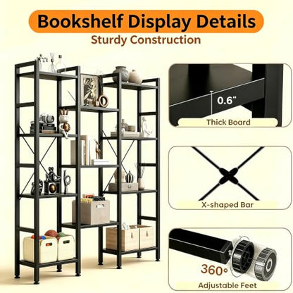 HealSmart Triple Column 4 Tier Bookshelf, Industrial Bookcase with 11 Open Display Adjustable Shelves, Wide Convertible Display Modern Bookshelf for Living Room & Home Office, Black - color: Black, size: 4-Tier＆3-Row