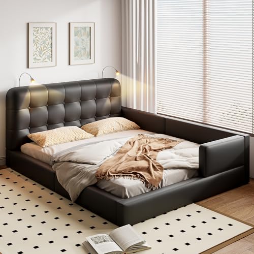 Merax Modern Tufted Plattform Bed with Headboard, Queen PU Leather Floor Day Bed Frame, No Box Spring Needed Black - color: Black / Pu, size: Queen