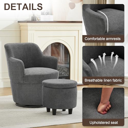 LOULENS Swivel Accent Chair with Storage Ottoman, Dark Gray | Linen, Small, Barrel, Reading Chair, Vanity Chair, Comfy Single Sofa, Armchair, For Living Room, Bedroom - color: Dark Gray