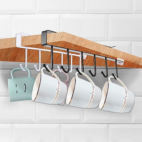 6Pcs Mug Hooks Under Cabinet,Adhesive Coffee Cups Holder Hanger no Drilling,Mug Hanger Under Shelf,Under Cabinet Mug Holder with 6 Mug Hooks for Kitchen Cabinet Shelf (White) | Adhesive Coffee Cups Holder Hanger, No Drilling, Mug Hanger Under Shelf with 6