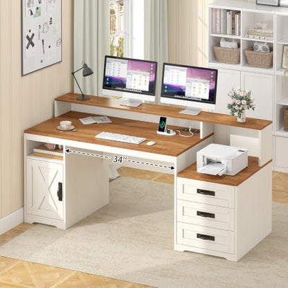 65" Farmhouse Computer Desk with Drawers and Printer Stand for Home Office | Office Desk with Power Outlets and Storage Cabinet, Study Writing Desks with Long Monitor Stand, Brown and White - color: Brown and White