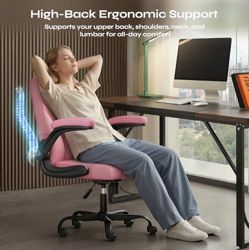 Ergonomic Office Chair, Mid Back Executive PU Leather Desk Chair with 3.5" Dual-Layer Cushion, Flip-up Armrests, Swivel Rolling Wheels, Adjustable Height, Pink - color: Pink