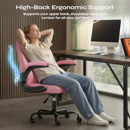 Ergonomic Office Chair, Mid Back Executive PU Leather Desk Chair with 3.5" Dual-Layer Cushion, Flip-up Armrests, Swivel Rolling Wheels, Adjustable Height, Pink - color: Pink