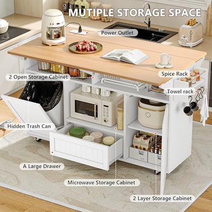 Einhomn 65" Kitchen Island with Drop Leaf, Island Table for Kitchen on Wheels with Trash Can Storage and Power Outlet, White - style: White