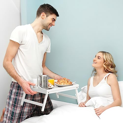 2 Pack Bed Tray Table Breakfast Trays Serving Tray Bamboo Bed Laptap with Folding Legs Handles and Phone Holders - color: White 2 Pack
