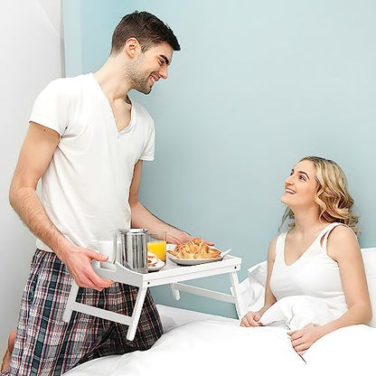 2 Pack Bed Tray Table Breakfast Trays Serving Tray Bamboo Bed Laptap with Folding Legs Handles and Phone Holders - color: White 2 Pack