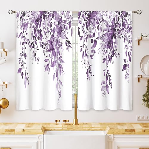 Eucalyptus Botanical Leaves Purple Floral Kitchen Window Curtains Over Sink Farmhouse Flower Leaf Small Window Treatment Cafe Short Curtains for Bathroom Treatment Tier Drapes 26x24 inch - color: 14 Purple, size: 26"W x 24"L (Pack of 2)