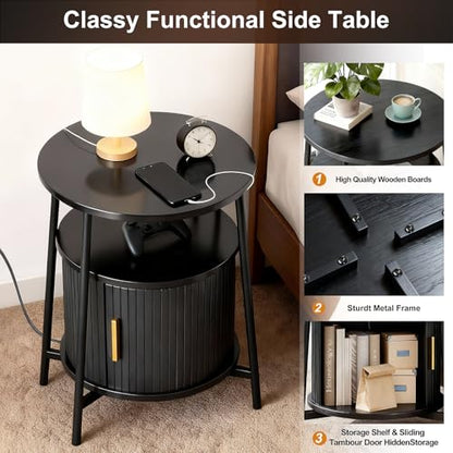 DHH Round End Tables Set of 2 & Charging Station, Fluted Accent Side Table with Sliding Door, Mid-Century Modern Nightstand Set of 2 for Small Space Storage, Living Room, Bedroom,Sofa Couch(2, Black) - color: Black