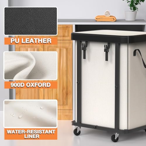 Laundry Basket with Wheels,150L Leather Patchwork Rolling Hamper Carts | Sturdy Metal Frame, Removable Washable Bag, Tall Clothes Sorter for Bedroom, Laundry Room - Beige - color: Beige, size: 1 Section-150L