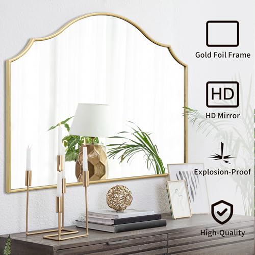 Besdomus Gold Scalloped Wall Mirror: 40"x29" Large Wooden Bathroom Mirror | Modern Minimalist Decorative Arched Mirror for Vanity/Dresser/Bedroom/Entryway/Fireplace/Living Room/Dining Room/Over Sink - color: Gold Leaf, size: 29"L x 40"W