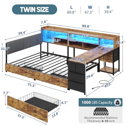 BYSAUD Corner Bed Frame with Storage and Desk, Twin Bed Frames, Corner Bed with 4 Drawers, 7 Bookcase, 1 Side Storage Bag, Upholstered Headboard, LED Lights, Charging Station, Rustic Brown - color: Vintage Brown, size: Twin Corner Bed