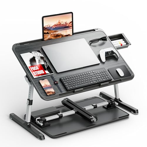Potuopy Adjustable Laptop Lap Desk, Foldable Bed Table Tray Fit 17" Laptops | Portable Lap Desks for Adults with 8 Heights & Tilt & Storage, Computer Laptop Stand for Painting & Writing on Couch Recliner - color: Striped