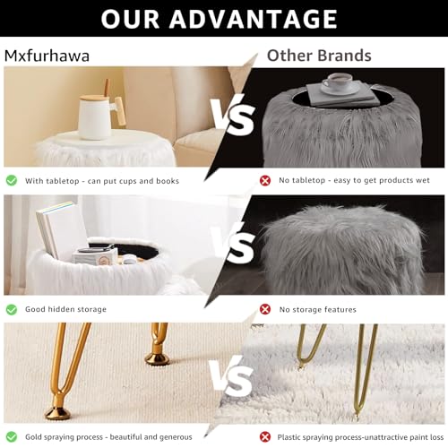 Faux Fur Storage Ottoman Round Furry Vanity Stool Marble Grain Tray Coffee Table Compact Footrest Stool with 4 Metal Legs Soft Makeup Seat Foot Stools for Living Room Bedroom Entryway Grey - color: Grey