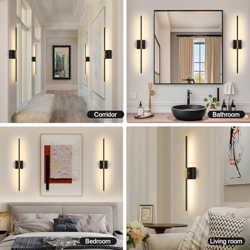 Wall Sconces Set of Two with Remote Control 29.1 in Dimmable Black Gold Battery Operated Wall Lights 350° Ratation 3000K-6000K LED Wireless Rechargeable Sconce for Bathroom Living Room Bedroom - color: Black & Gold, size: 29.1in(2 Pack)
