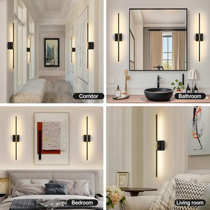 Wall Sconces Set of Two with Remote Control 29.1 in Dimmable Black Gold Battery Operated Wall Lights 350° Ratation 3000K-6000K LED Wireless Rechargeable Sconce for Bathroom Living Room Bedroom - color: Black & Gold, size: 29.1in(2 Pack)