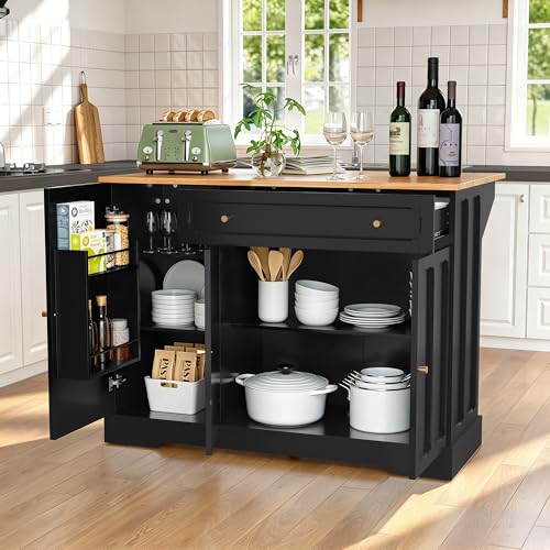 HLR Kitchen Island with Drop Leaf & Storage, Solid Rubber Wood Top Rolling Kitchen Cart with Carved Recessed Panel Doors, Large Mobile Island Table on Wheels for Kitchen, Dining Room (Black) - color: Black
