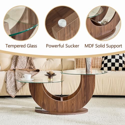 Modern Glass Coffee Table, 31.8" U-Shaped Wood Base Side Table with Tempered Glass Top, 2-Tier Round Accent Table with Walnut Finish for Living Room, Bedroom, Office - color: Walnut, size: 31.8" U-Shaped
