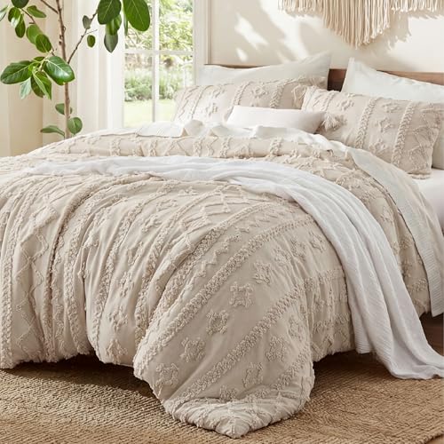 Bedsure Tufted Boho Comforter Set Full Size - Beige Boho Bed Set, GentleSoft™ 3 Pieces Farmhouse-Style Embroidery Bedding, Gifts for Woman, Soft Jacquard Kids' Full Comforter for All Seasons - color: 01 - Beige - Elegant, size: Full