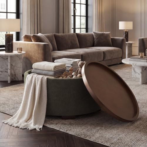 Zihanhome 30 Inch Round Storage Ottoman, Ottoman Coffee Table with Lift Off Lid, Boucle Modern Ottomans with Storage for Living Room, Bedroom, Apartments (Green) - color: Green