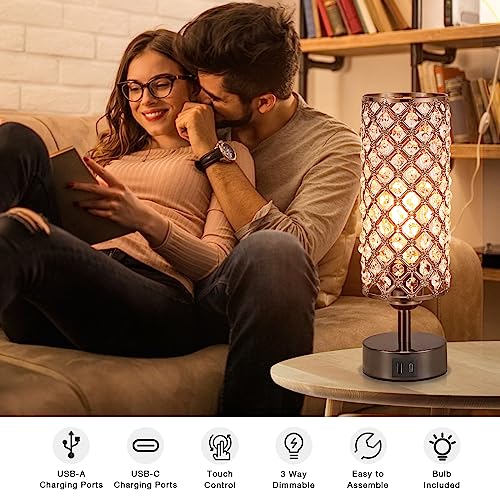 Black Crystal Touch Lamp with USB-C/A, 3-Dim Dimmable for Bedroom, Modern | Table Lamp, Bedside Lamp, Small Touch Light for Living Room Bedroom, Charge Phone, Bulb Included, Crystal Lampshade - color: Black