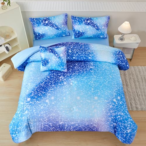 Queen Comforter Set with Sheets Blue | 6 Pieces, Girls Bedding Set, Colorful Rainbow Bed in A Bag, Glitter Bed Sets for Kids, Teen Girl Comforter Set with Sheets - color: Light and Dark Blue, size: Queen