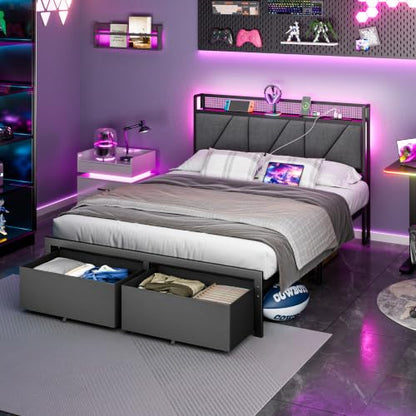 Queen Bed Frame with 2 Storage Drawers & Upholstered Headboard | Metal Platform Bed with Storage Shelf, Charging Station, LED Lights and Heavy-Duty slats, No Spring Box Needed, Noise-Free - size: Queen, style: Bed Frame with Drawer