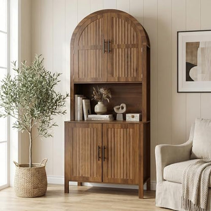76" Tall Arched Kitchen Pantry, Large Kitchen Storage Cabinet with Fluted Doors and Microwave Stand, Modern Wood Buffet Sideboard, Adjustable Shelves, Cupboard for Dining Room, Living Room, Walnut - color: Walnut