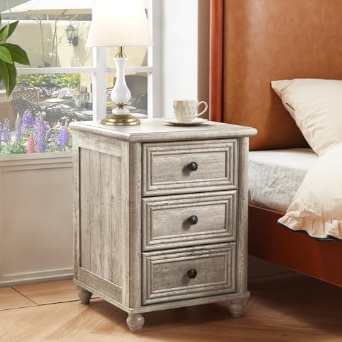 RWYHG 18" Night Stand with 3 Drawers, Farmhouse Modern Nightstand | Grey Bedside Table, Open Storage Shelf, Solid Wood Legs, Bed Side End Tables for Bedroom Living Room - color: Gray Oak, style: 3 Drawers