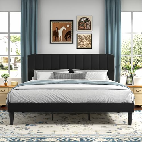 VECELO King Size Bed Frame with Upholstered Headboard, Velvet Platform Bedframe Mattress Foundation, Strong Wood Slat Support, No Box Spring Needed,Black - color: Black, size: King, style: Bed Frame