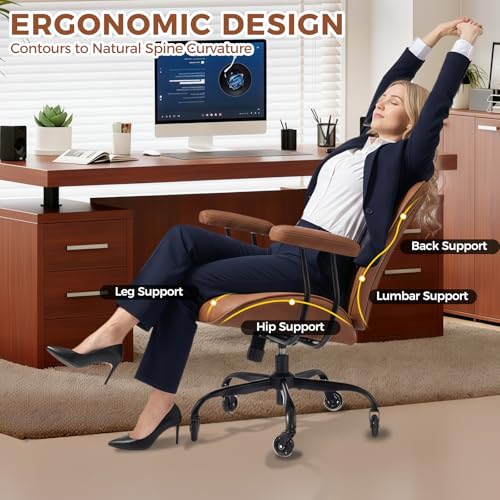 BEWISHOME Brown Leather Office Chair with Quiet Rubber Wheels | 380 lb Capacity, 22" Wide Seat, Removable Armrests, Lumbar Support ,Ergonomic Design for Home Office. Mid Century Modern
