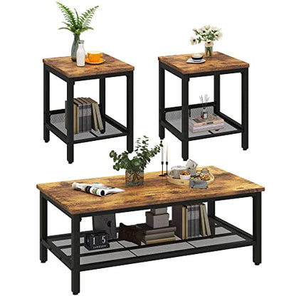3 Pieces Living Room Table Set, Industrial Coffee Table with 2 Square End Side Tables, Coffee Table Set with Metal Frame for Apartment Home Office, Rustic Brown - color: Rustic Brown