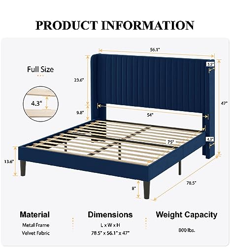 SHA CERLIN Full Size Velvet Bed Frame, Tufted Wingback Headboard, Blue | 47'' Modern Vertical Channel Headboard, Upholstered Platform Bed, Wood Slats, No Box Spring Needed, Easy Assembly, Noise Free - color: Blue, size: Full